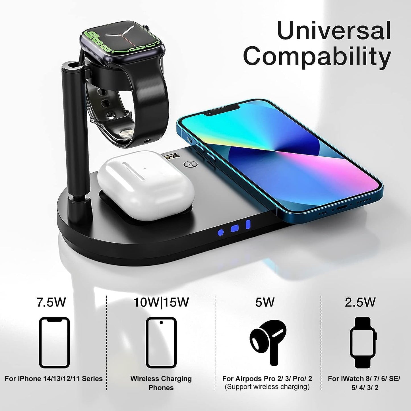 Portable 4 in 1 Charging Station for Apple Products, Wireless Fast Charger Stand with Bedside Lamp Compatible for Iphone14/13/12/11 Series, Airpods Pro 3/2, Iwatch 8/7/SE/6/5/4/3/2 (Black)