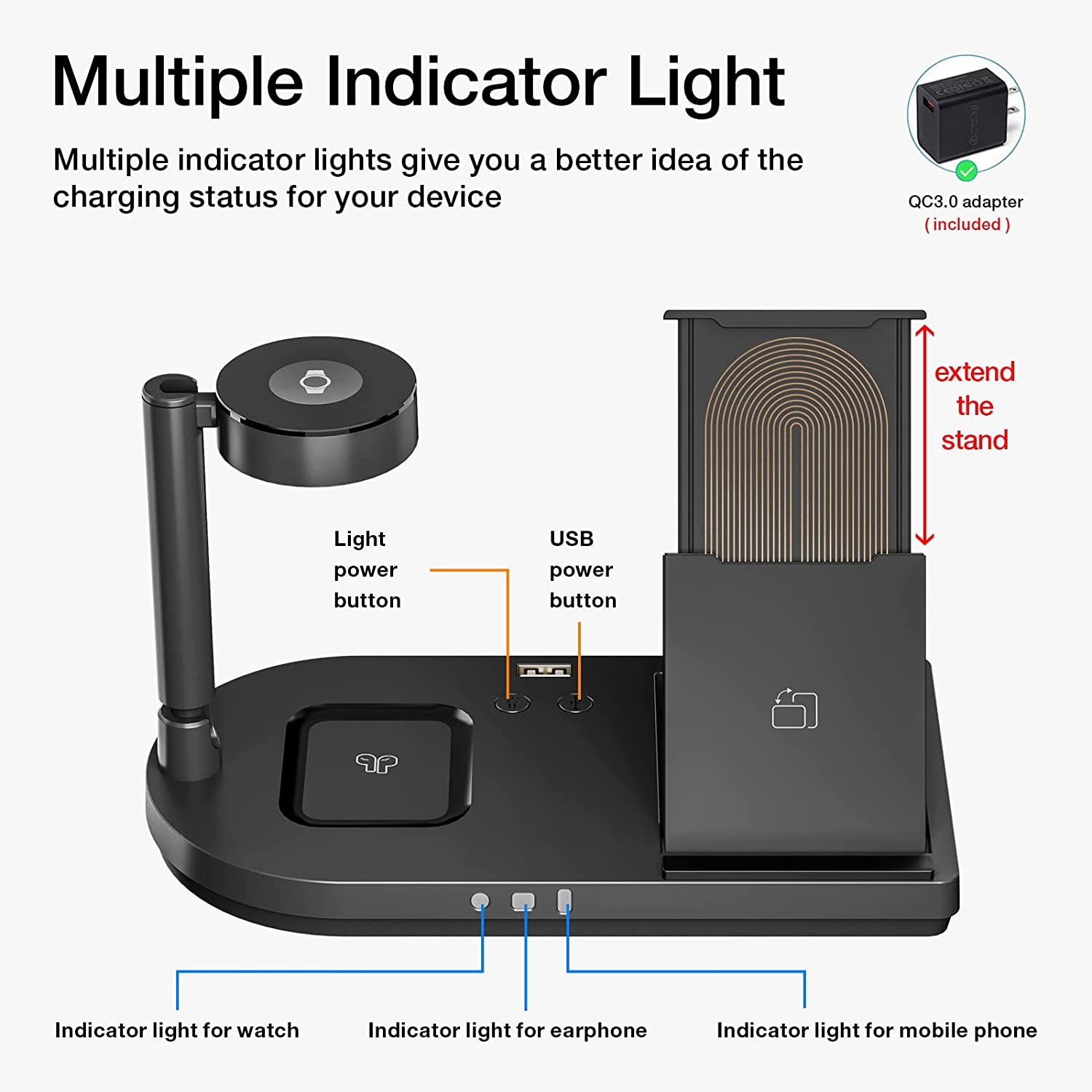 Portable 4 in 1 Charging Station for Apple Products, Wireless Fast Charger Stand with Bedside Lamp Compatible for Iphone14/13/12/11 Series, Airpods Pro 3/2, Iwatch 8/7/SE/6/5/4/3/2 (Black)