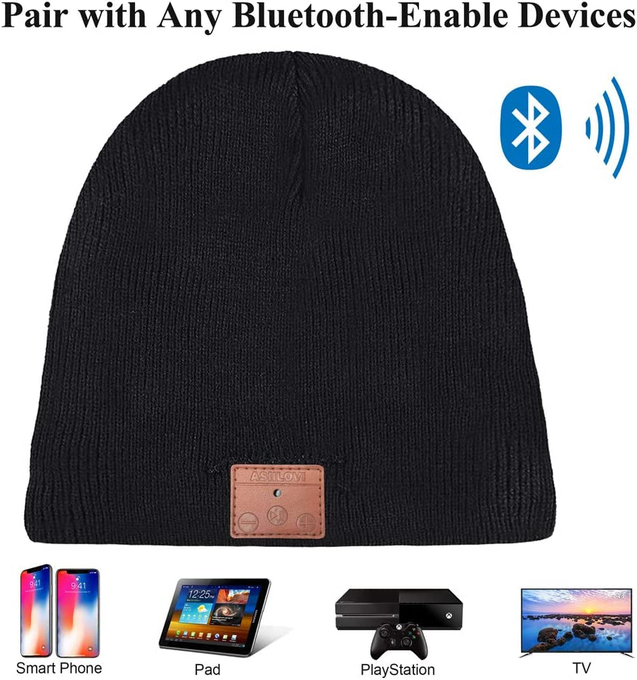 Bluetooth Beanie, Double Fleece Lined Bluetooth 5.0 Wireless Winter Warm Knit Beanie with MIC HD Speakers, Gift Packaging, Gifts for Men/Women/Teens/Family Christmas Thanksgiving (001-Black)